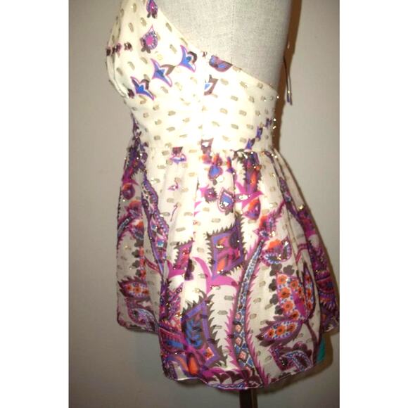 TIBI Cream-Gold & Multi-colored Floral Print Silk Halter Top Blouse Shirt 6 - Picture 3 of 11